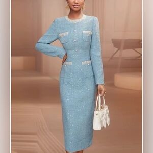 Elegant Light Blue Tweeted Midi Dress